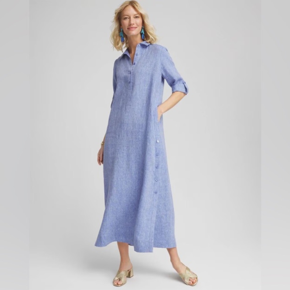 Chico’s 100% Linen Maxi Linen Shirtdress w/ POCKETS Blue Chambray Small